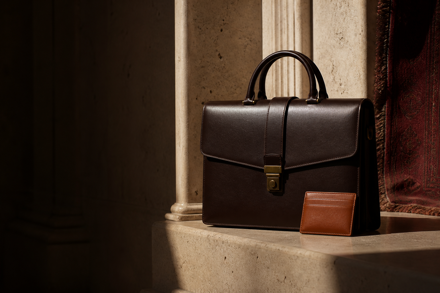 Dark brown leather briefcase and cognac card case in a warm architectural setting