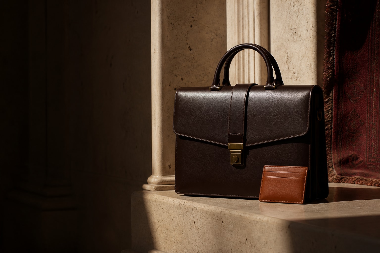 Dark brown leather briefcase and cognac card case in a warm architectural setting